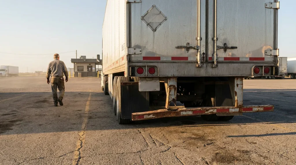 truck driver walking alongside large commercial semi-trailer in commercial lot