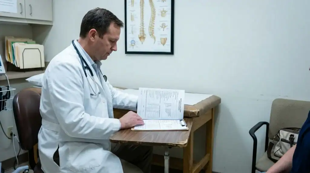 physician in lab coat reviewing medical clipboard forms beside spinal anatomy chart