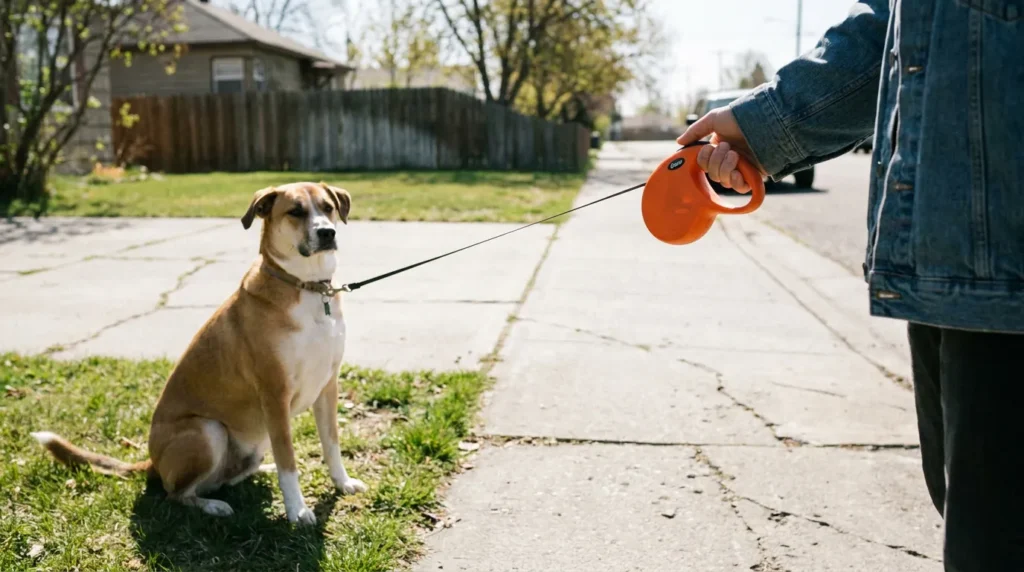 dog on retractable leash sitting on grass beside residential sidewalk