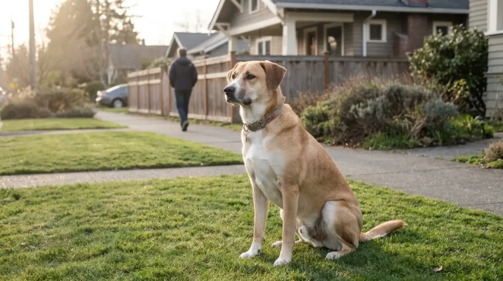 collared dog sitting on front lawn as pedestrian walks along sidewalk