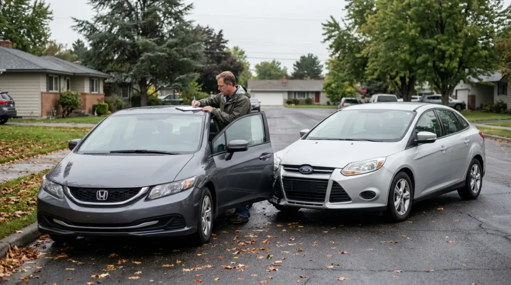 man writing on clipboard between Honda Civic and Ford Focus after collision