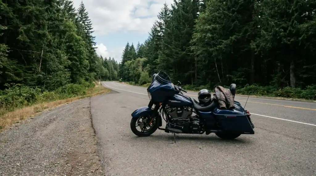 Harley-Davidson touring motorcycle parked on rural highway flanked by tall trees