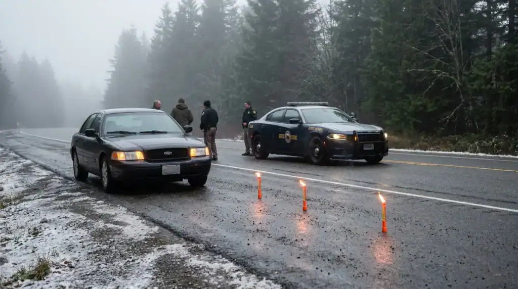 law enforcement officers standing between two vehicles on foggy wet road with flares