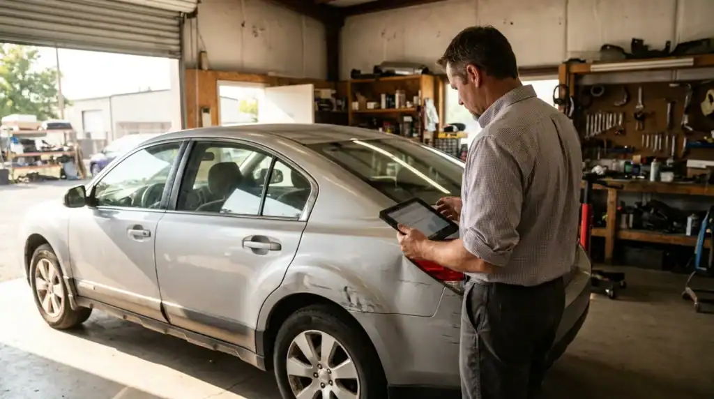 man holding tablet inspecting sedan with visible rear door dent in garage
