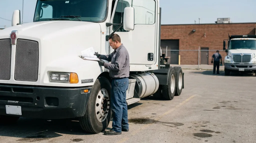 truck driver reviewing clipboard documents beside Kenworth semi-truck in commercial lot