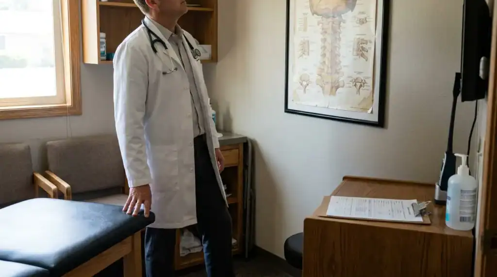 physician in lab coat standing in medical exam room beside spinal anatomy chart
