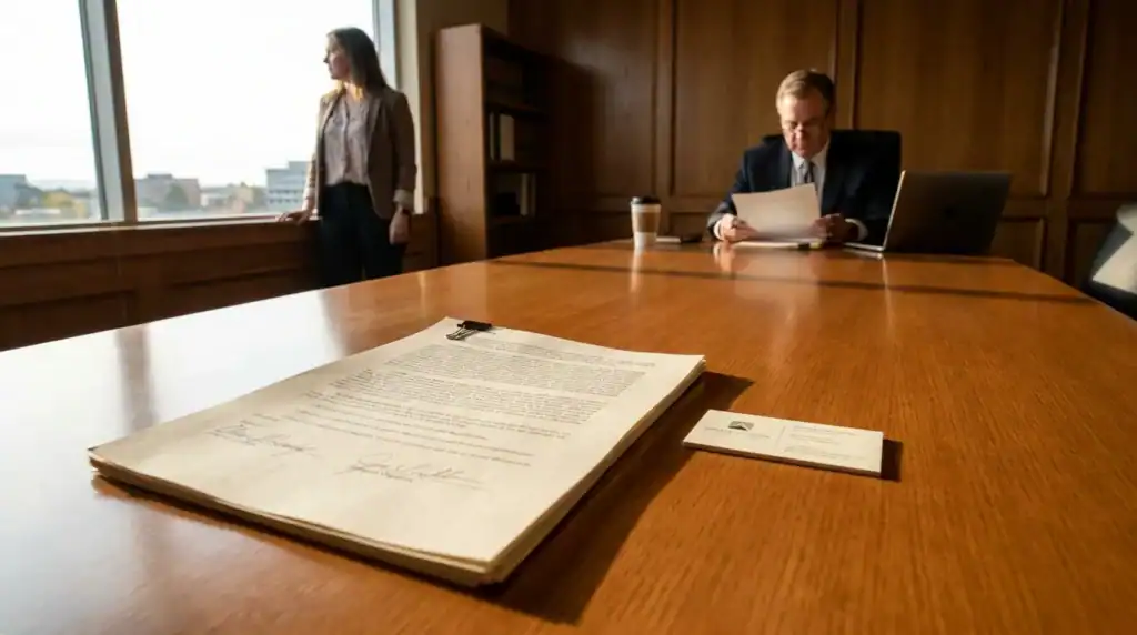 signed legal document and business card on conference table with two attorneys