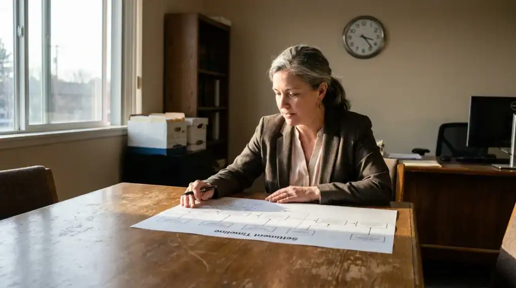 attorney reviewing Settlement Timeline flowchart document at law office conference table