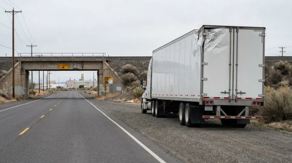 semi-truck with visibly crushed trailer roof pulled over on rural highway