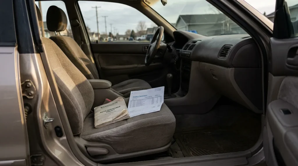 Washington auto insurance policy booklet and medical statement resting on car seat