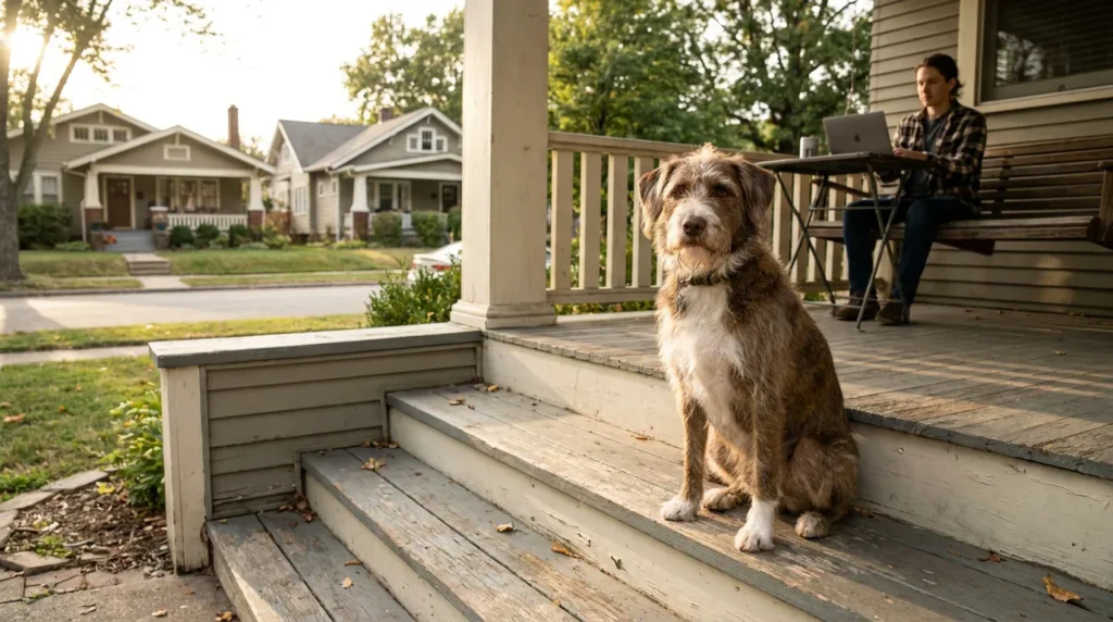 dog sitting on front porch steps while person works on laptop behind
