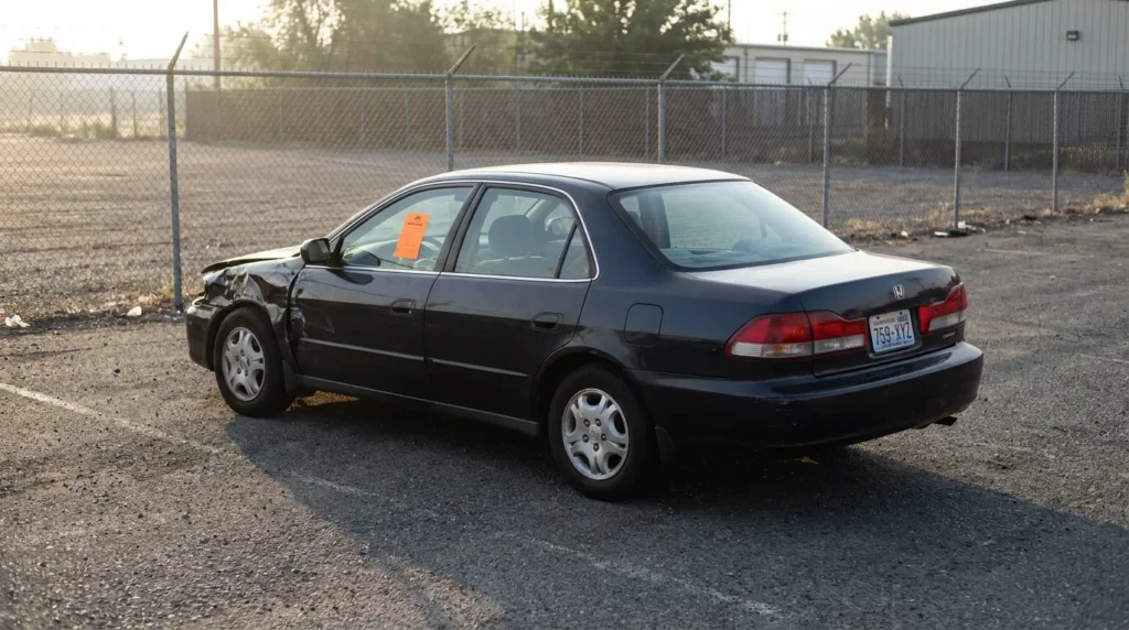 Honda Accord sedan with front-end collision damage parked in impound lot