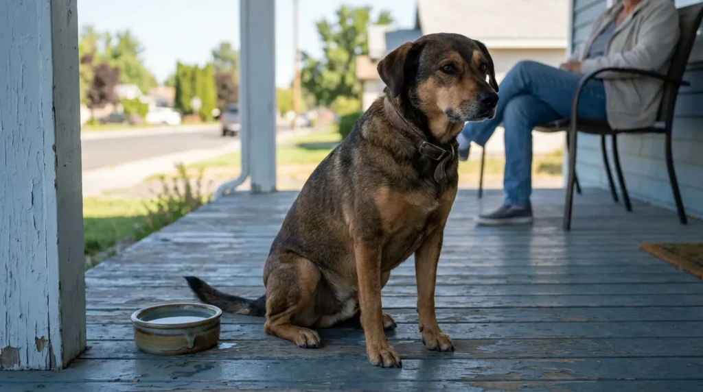 large dog wearing collar sitting on residential porch beside water bowl