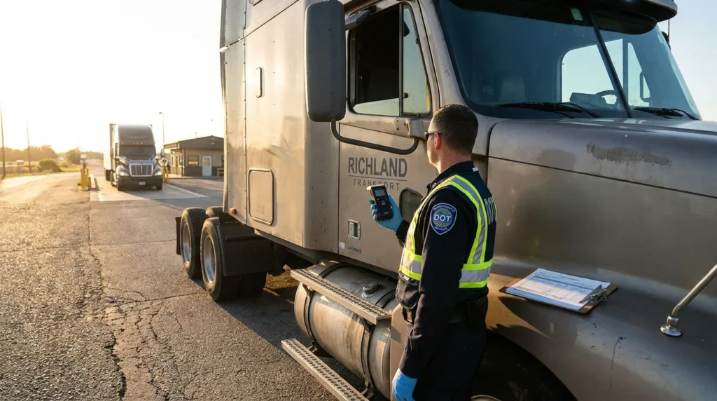 DOT officer holding device inspecting Richland Transport semi-truck at weigh station