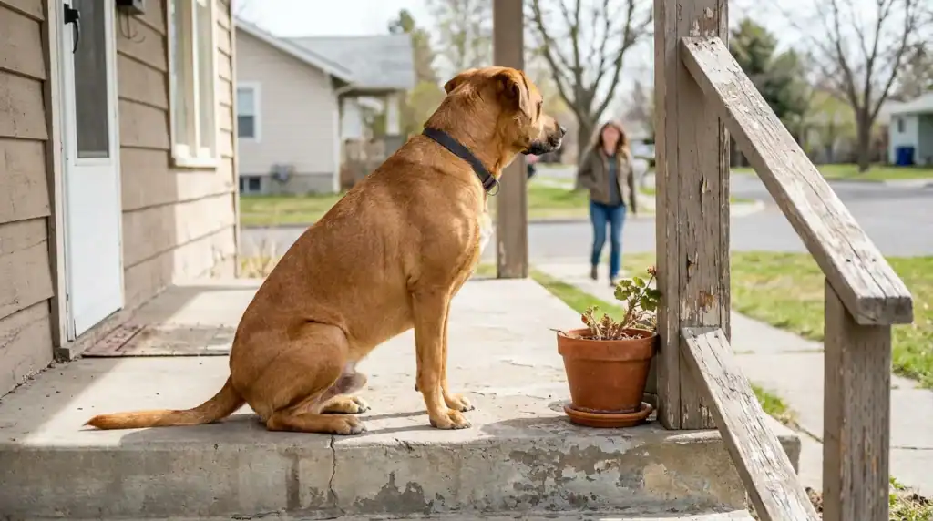 large dog sitting on residential front porch as woman approaches on sidewalk