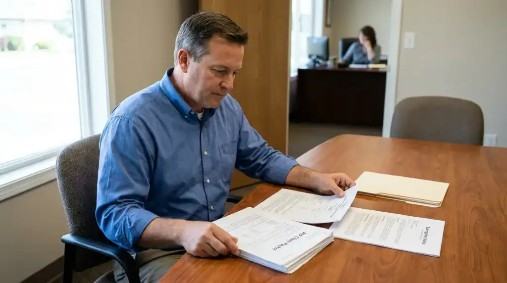 man reviewing PIP Claim Packet documents at office desk with staff in background