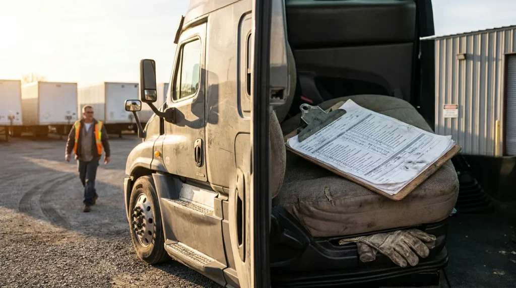 truck driver in safety vest approaching commercial truck with clipboard and documents on seat