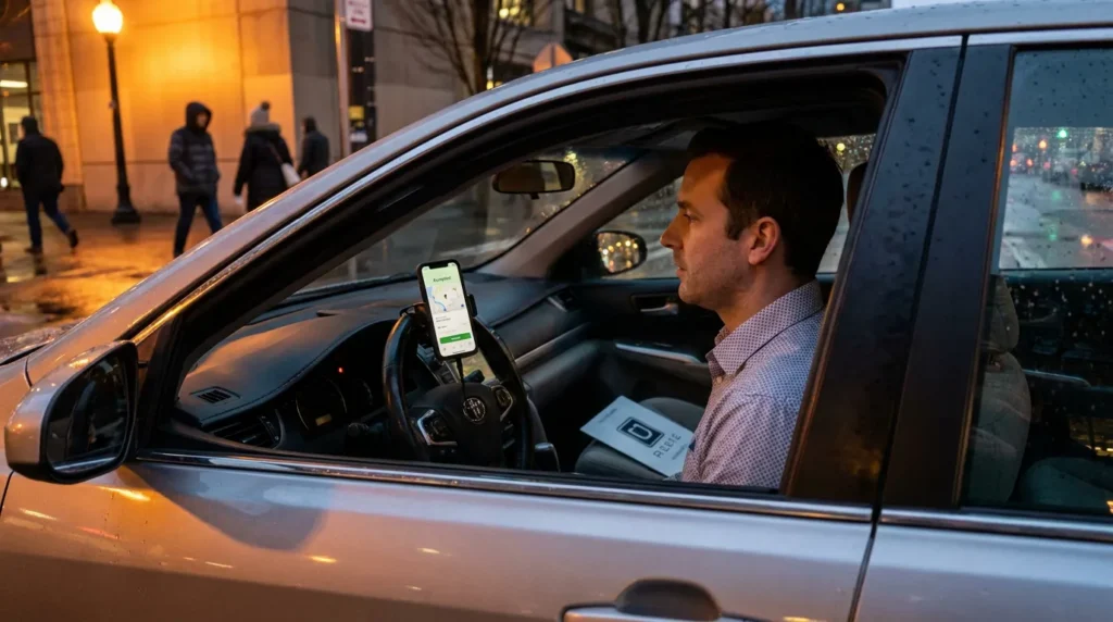 rideshare driver seated in vehicle with Uber app displayed on mounted smartphone
